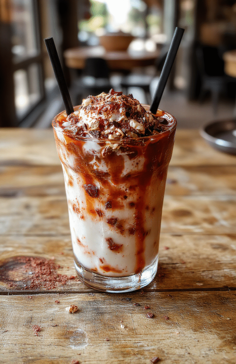 A vibrant, creamy white cocktail garnished with chocolate shavings and mini marshmallows, served in a clear glass with a festive straw, against a cozy holiday backdrop with warm lights and holiday decor, highlighting the rich textures and inviting presentation.