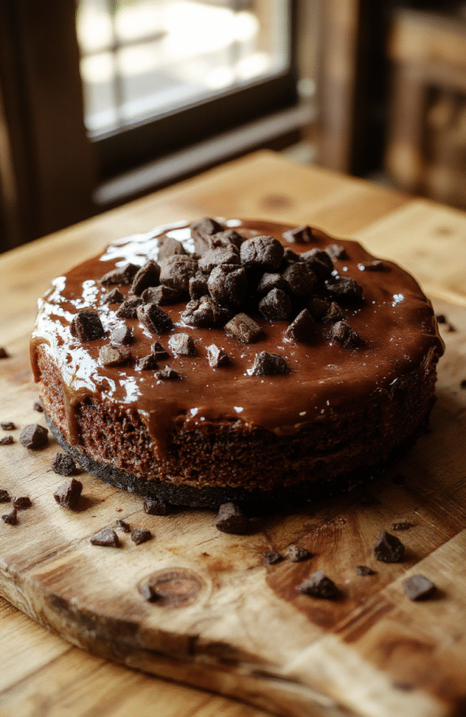 A rich, creamy German Chocolate Cheesecake topped with a glossy chocolate glaze, sprinkled with shredded coconut and walnuts. The cheesecake is styled on a rustic wooden platter with a slice slightly lifted, revealing its luscious, layered interior. The background features softly blurred autumn-themed decorations, creating a warm inviting scene with natural lighting highlighting the glossy finishes and textured toppings.