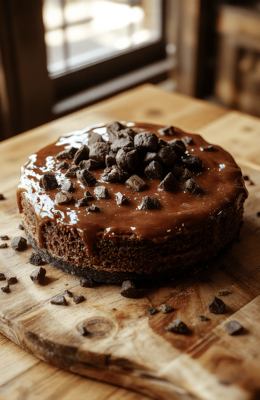 A rich, creamy German Chocolate Cheesecake topped with a glossy chocolate glaze, sprinkled with shredded coconut and walnuts. The cheesecake is styled on a rustic wooden platter with a slice slightly lifted, revealing its luscious, layered interior. The background features softly blurred autumn-themed decorations, creating a warm inviting scene with natural lighting highlighting the glossy finishes and textured toppings.