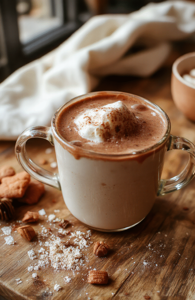 A rich and creamy hot chocolate served in a rustic mug, topped with whipped cream, sprinkled cocoa powder, and mini marshmallows. The background features a cozy holiday setting with cinnamon sticks, chocolate pieces, and festive decorations, styled on a wooden table with warm lighting that highlights the textures and indulgent appeal of the drink.