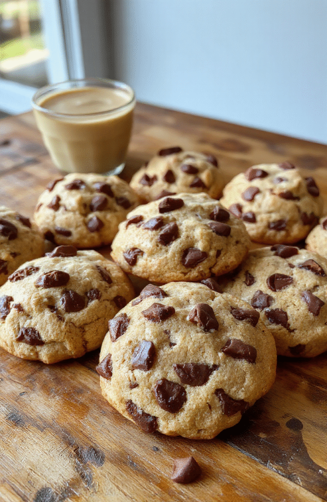 A golden-brown coffee cake cookie topped with a crumbly cinnamon streusel, arranged on a rustic wooden plate with a cup of coffee in the background, capturing textures of the crunchy topping and soft cookie, styled with autumn leaves and warm lighting.