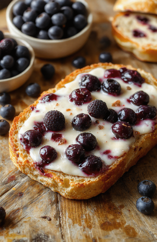 A vibrant slice of blueberry cream cheese bread with swirls of creamy cheese and fresh blueberries on top, presented on a rustic wooden plate with a soft-focus background, capturing the moist texture and fruity toppings, styled in a cozy brunch setting.
