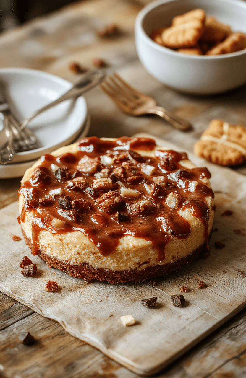 A vibrant plate of creamy cheesecake topped with crispy churro pieces and cinnamon sugar, styled on a rustic wooden table with warm lighting, capturing the rich textures and inviting colors of the dessert.