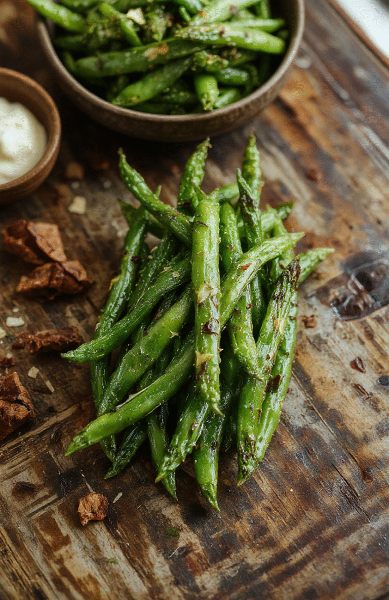 A vibrant plate of crack green beans featuring glossy, bright green beans coated with a savory, crispy topping. The dish is attractively arranged on a white ceramic plate, with a sprinkle of toasted almonds and a hint of seasoning visible. The background showcases a rustic wooden table, with soft natural light highlighting the textures and colors, styled simply for a homemade appeal.