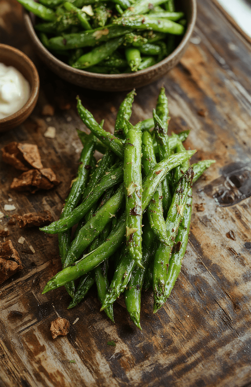 A vibrant plate of crack green beans featuring glossy, bright green beans coated with a savory, crispy topping. The dish is attractively arranged on a white ceramic plate, with a sprinkle of toasted almonds and a hint of seasoning visible. The background showcases a rustic wooden table, with soft natural light highlighting the textures and colors, styled simply for a homemade appeal.