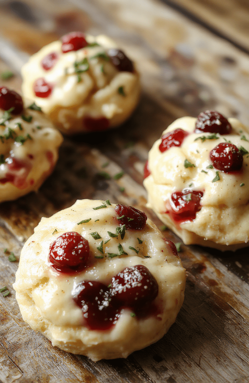 Colorful cranberries and creamy brie cheese on golden puff pastry bites, arranged with fresh herbs on a white plate, styled simply for an inviting holiday appetizer.