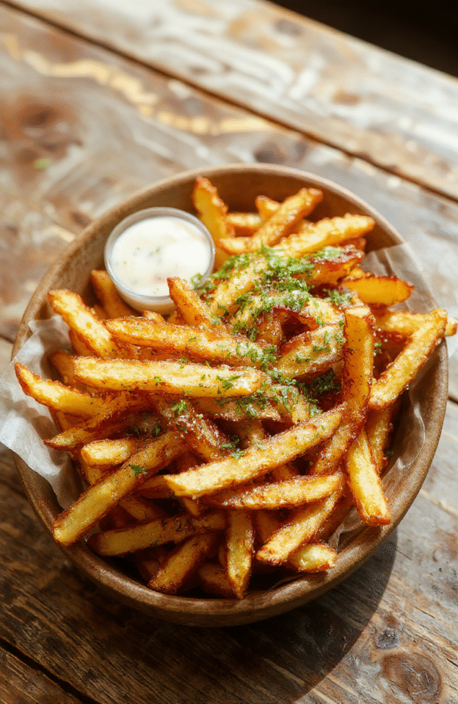 A vibrant and inviting French fry board featuring golden crispy fries arranged artfully with dipping sauces like ketchup, aioli, and spicy mayo. Included are colorful toppings such as chopped herbs, shredded cheese, and sliced jalapenos, all styled on a rustic wooden serving platter with casual, party-ready presentation. The scene captures a fun, easy party snack spread with textures from crispy fries to creamy dips, perfect for sharing.