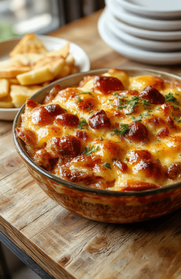 A colorful, rustic plate of Easy Hobo Casserole featuring layered ground beef, vegetables, and melted cheese, garnished with fresh herbs, served on a wooden surface with a fork resting beside it.