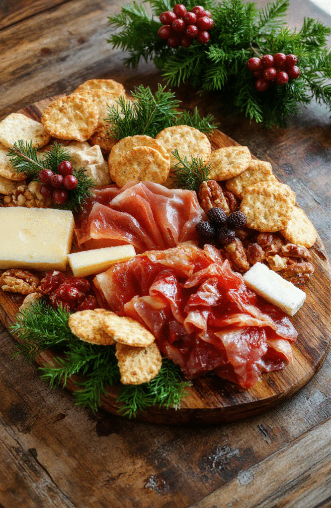 A vibrant holiday-themed charcuterie board featuring an assortment of cheeses, cured meats, fresh fruits, nuts, and crackers. The board is decorated with evergreen sprigs, berries, and festive ornaments, arranged artfully with contrasting colors and textures, styled on a rustic wooden platter with a cozy holiday ambiance.