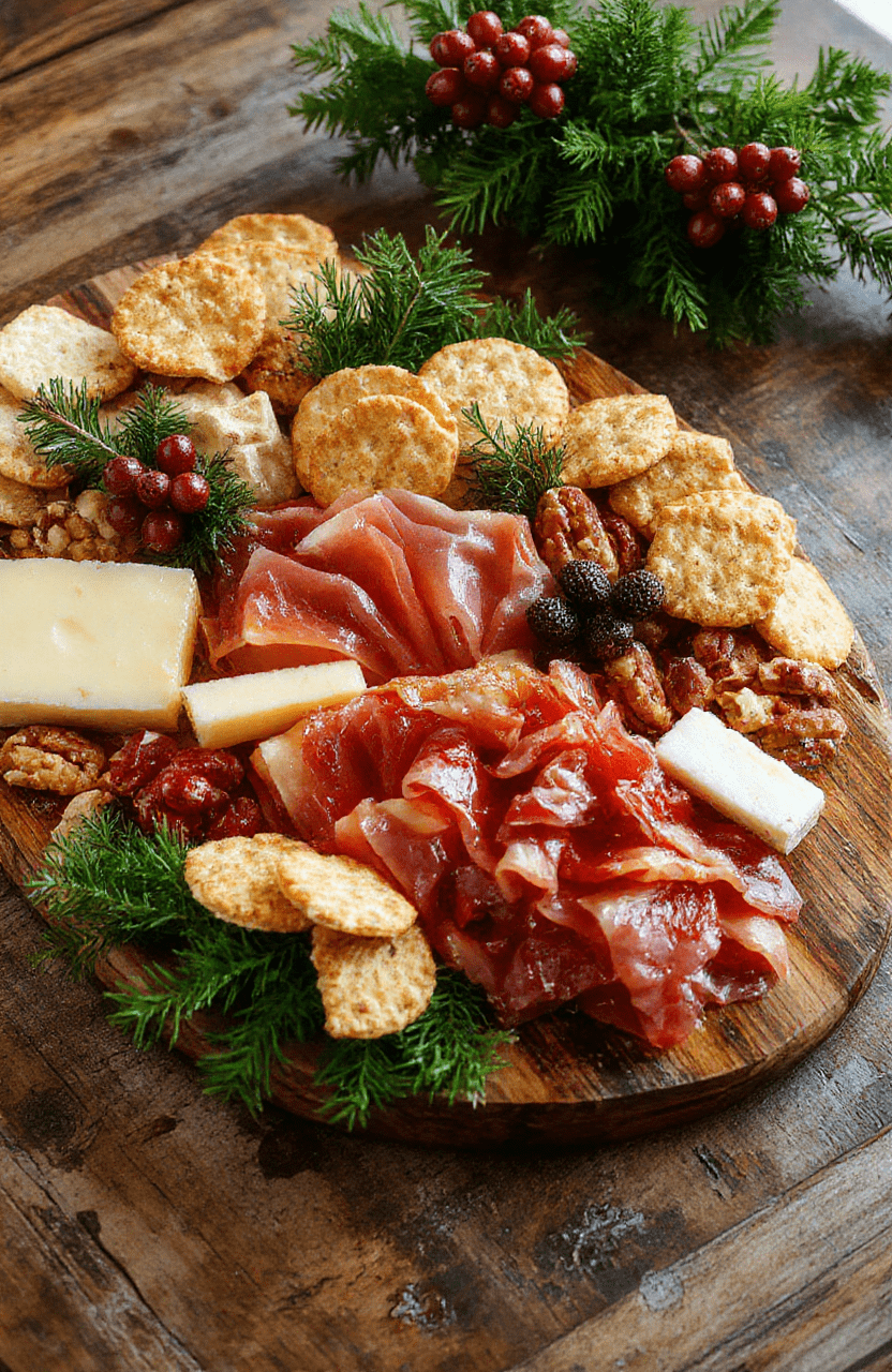 A vibrant holiday-themed charcuterie board featuring an assortment of cheeses, cured meats, fresh fruits, nuts, and crackers. The board is decorated with evergreen sprigs, berries, and festive ornaments, arranged artfully with contrasting colors and textures, styled on a rustic wooden platter with a cozy holiday ambiance.
