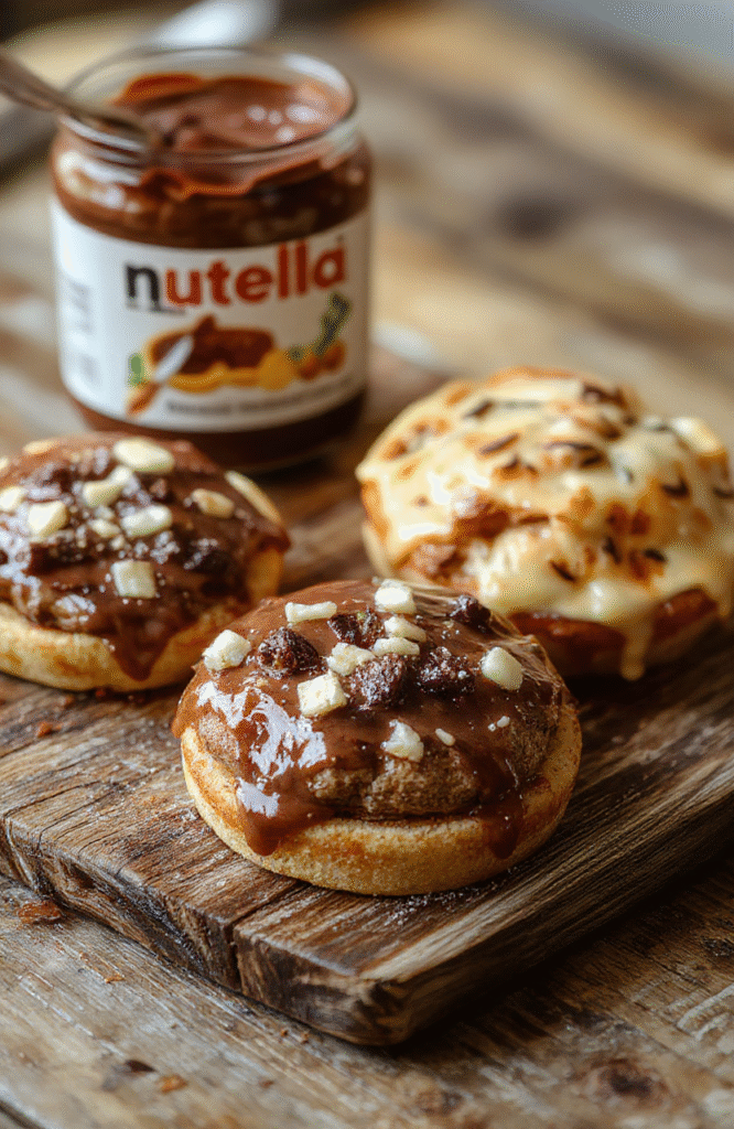 Golden brown Nutella toast pies with a crispy flaky crust, oozing rich chocolate hazelnut filling, served on a rustic plate with powdered sugar dusting, vibrant background.