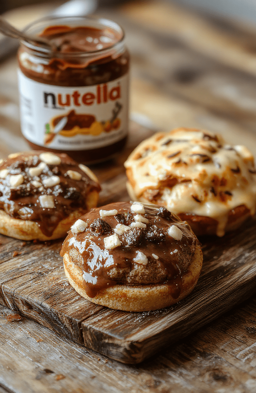Golden brown Nutella toast pies with a crispy flaky crust, oozing rich chocolate hazelnut filling, served on a rustic plate with powdered sugar dusting, vibrant background.