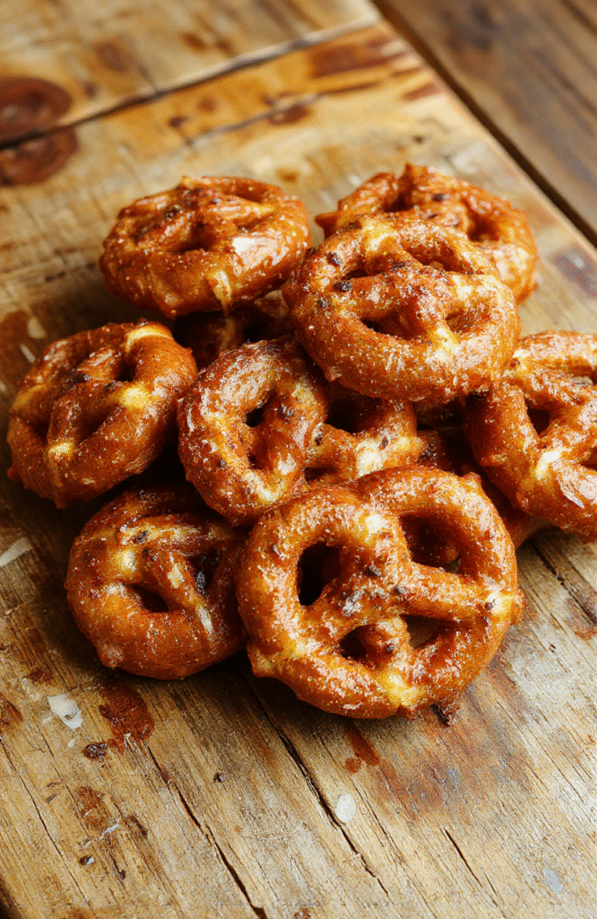 A close-up of glossy Rolo candies nestled on twisted pretzels, arranged on a rustic wooden board with a soft focus background. The pretzels are golden brown with a slightly salty texture, topped with melted, caramel-colored Rolo chocolates. The scene is vibrant and inviting, highlighting the shiny candies and crispy pretzels, styled minimalist for a cozy homemade vibe.