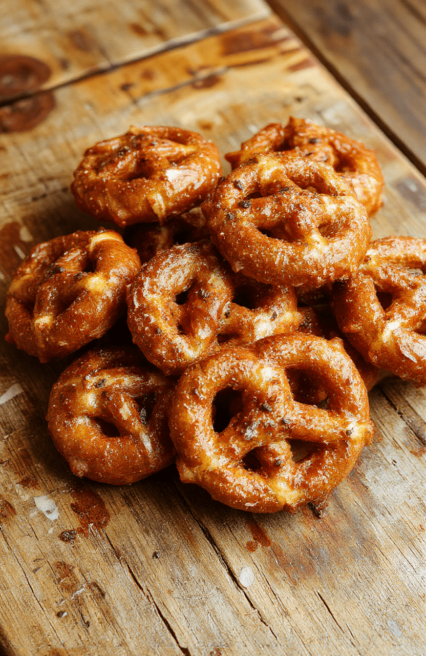 A close-up of glossy Rolo candies nestled on twisted pretzels, arranged on a rustic wooden board with a soft focus background. The pretzels are golden brown with a slightly salty texture, topped with melted, caramel-colored Rolo chocolates. The scene is vibrant and inviting, highlighting the shiny candies and crispy pretzels, styled minimalist for a cozy homemade vibe.