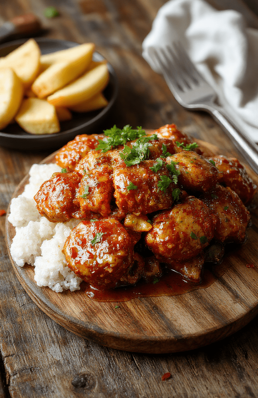 Vibrant sweet chili glazed chicken breasts served on a white plate, garnished with sliced green onions and sesame seeds. The dish features glossy, spicy-sweet sauce with crispy edges, set against a rustic wooden table with fresh ingredients like red chili peppers and lime slices nearby.
