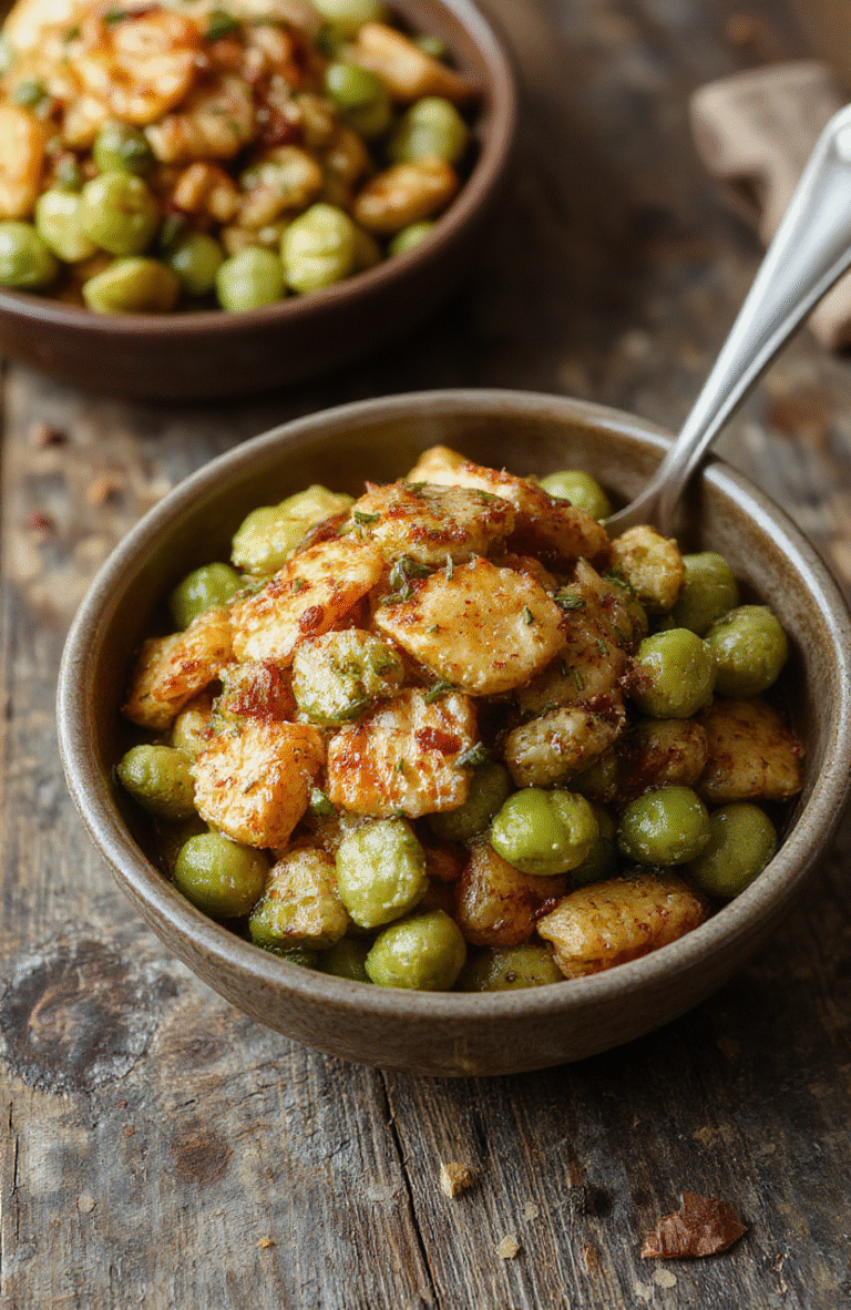 A vibrant bowl of cooked green peas garnished with fresh herbs, served on a rustic wooden table. The peas are bright green and glistening, with a creamy butter glaze and sprinkled with herbs. The scene has warm, inviting lighting emphasizing the freshness and vibrant color of the dish, styled simply for a cozy holiday presentation.