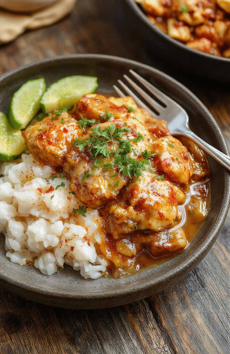 A hearty plate of smothered chicken and rice with golden-brown chicken smothered in rich gravy, served alongside fluffy rice, garnished with fresh herbs, with a backdrop of rustic tableware and warm lighting, showcasing a comforting home-cooked meal.
