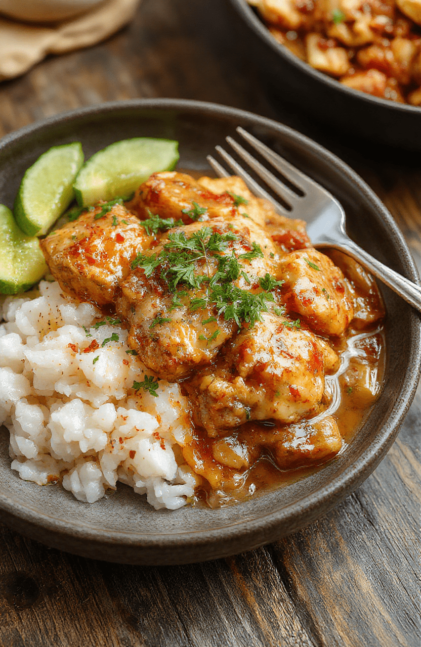 A hearty plate of smothered chicken and rice with golden-brown chicken smothered in rich gravy, served alongside fluffy rice, garnished with fresh herbs, with a backdrop of rustic tableware and warm lighting, showcasing a comforting home-cooked meal.