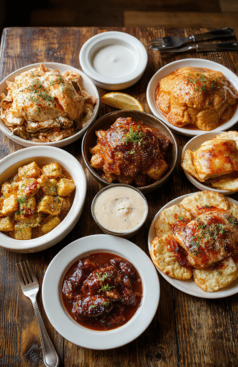 A beautifully arranged Thanksgiving platter featuring roasted turkey slices, golden stuffing, mashed potatoes with gravy, green beans, and cranberry sauce, all styled on a rustic wooden table with warm seasonal lighting, emphasizing the rich textures and vibrant colors of the dishes.