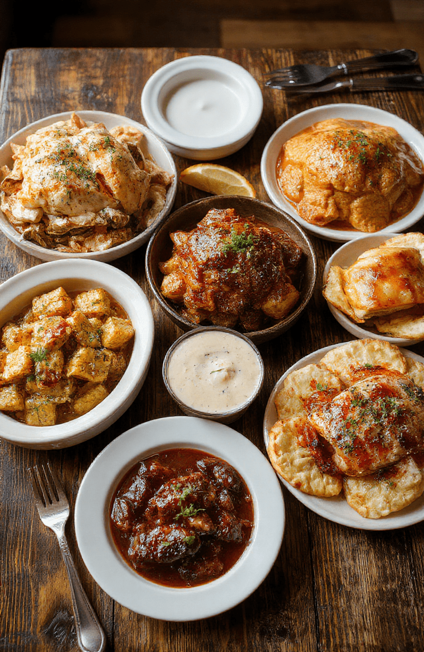 A beautifully arranged Thanksgiving platter featuring roasted turkey slices, golden stuffing, mashed potatoes with gravy, green beans, and cranberry sauce, all styled on a rustic wooden table with warm seasonal lighting, emphasizing the rich textures and vibrant colors of the dishes.