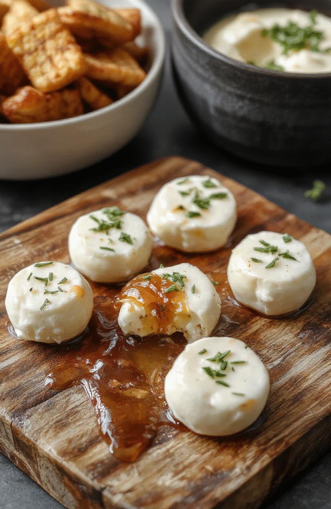 Vibrant close-up of golden honey drizzled over creamy goat cheese atop crunchy crostini, garnished with fresh herbs, styled on rustic wooden platter with soft natural lighting highlighting textures.