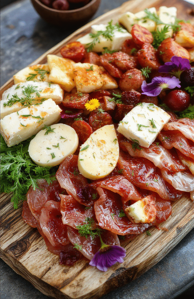 A beautifully arranged charcuterie platter featuring meat slices artfully shaped into delicate flower formations, garnished with fresh herbs and edible flowers. The platter showcases vibrant reds, pinks, and greens with a variety of cured meats, cheeses, and accompaniments, styled on a rustic wooden board with a soft natural light highlighting textures and colors.