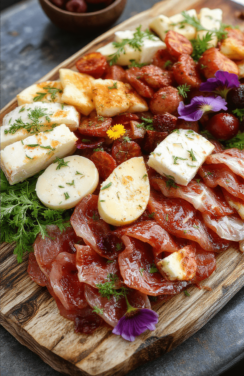 A beautifully arranged charcuterie platter featuring meat slices artfully shaped into delicate flower formations, garnished with fresh herbs and edible flowers. The platter showcases vibrant reds, pinks, and greens with a variety of cured meats, cheeses, and accompaniments, styled on a rustic wooden board with a soft natural light highlighting textures and colors.