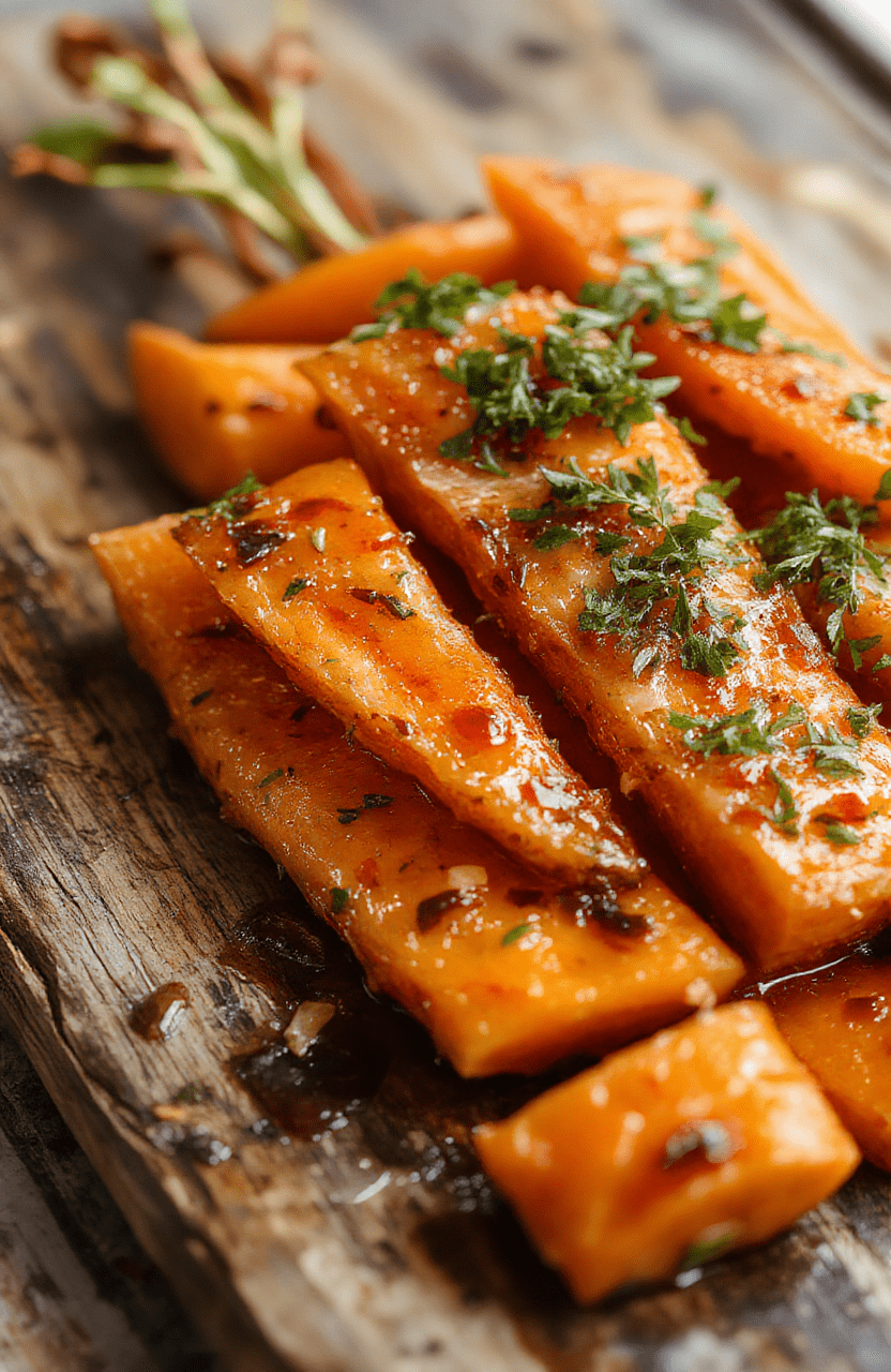 A vibrant plate of glossy glazed carrots with a sprig of rosemary on top, arranged neatly on a white ceramic dish. The carrots are tender, coated with a sweet glaze, and garnished with a sprinkle of sesame seeds. Soft natural light highlights their bright orange color and smooth texture, with a blurred rustic wooden background creating a cozy holiday atmosphere.