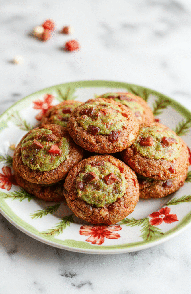 Colorful festive Grinch cookies arranged on a holiday-themed plate, featuring bright red and green icing, playful shapes, and a glossy finish, styled with seasonal decorations in the background