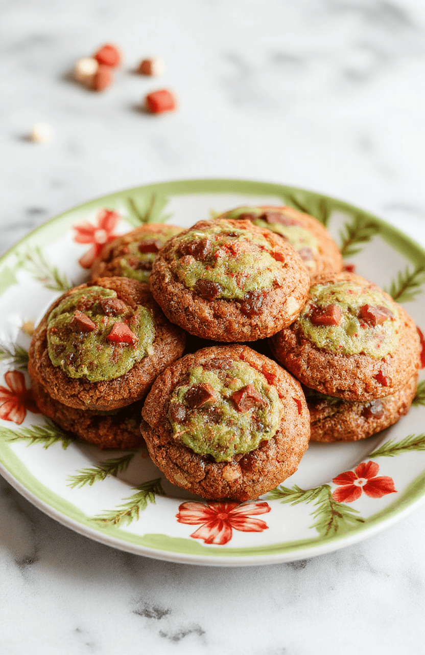 Colorful festive Grinch cookies arranged on a holiday-themed plate, featuring bright red and green icing, playful shapes, and a glossy finish, styled with seasonal decorations in the background