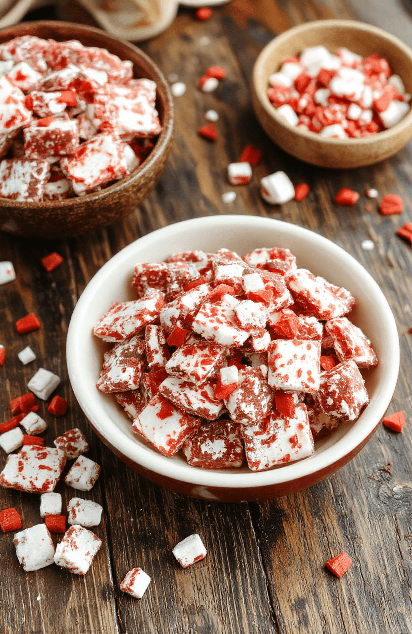 Bright and colorful puppy chow in a clear glass bowl, sprinkled with red and green holiday candies, rich with powdered sugar and chocolate coating, styled on a rustic wooden table with festive decorations in the background.