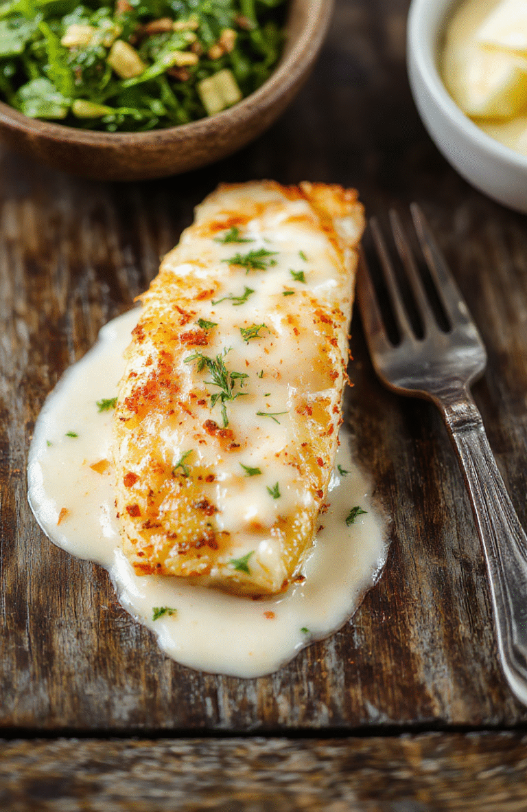 A beautifully plated flaky baked cod fillet topped with vibrant coconut lemon cream sauce, garnished with fresh herbs, served on a white plate with a lemon wedge. The dish has a golden-brown crust with a creamy, citrusy sauce that contrasts with the tender white fish. The background features a rustic wooden table styled simply to highlight the dish's textures and colors.