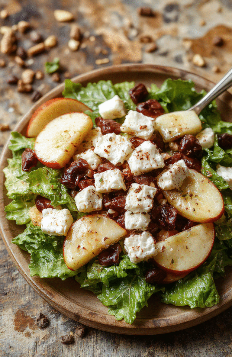 A vibrant salad featuring crisp apple slices, crumbly feta cheese, mixed greens, and a colorful assortment of ingredients, styled simply on a white plate with a soft natural light highlighting the textures and fresh colors.
