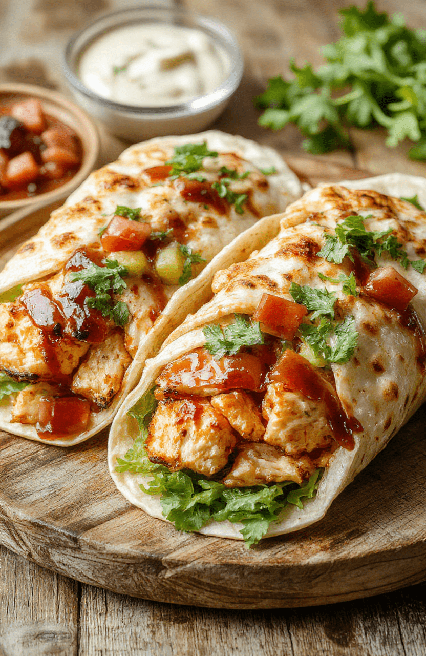 Colorful BBQ chicken wraps arranged on a rustic wooden plate, with grilled chicken, fresh lettuce, tomatoes, and crispy tortillas, styled casually with vibrant ingredients and a natural backdrop.