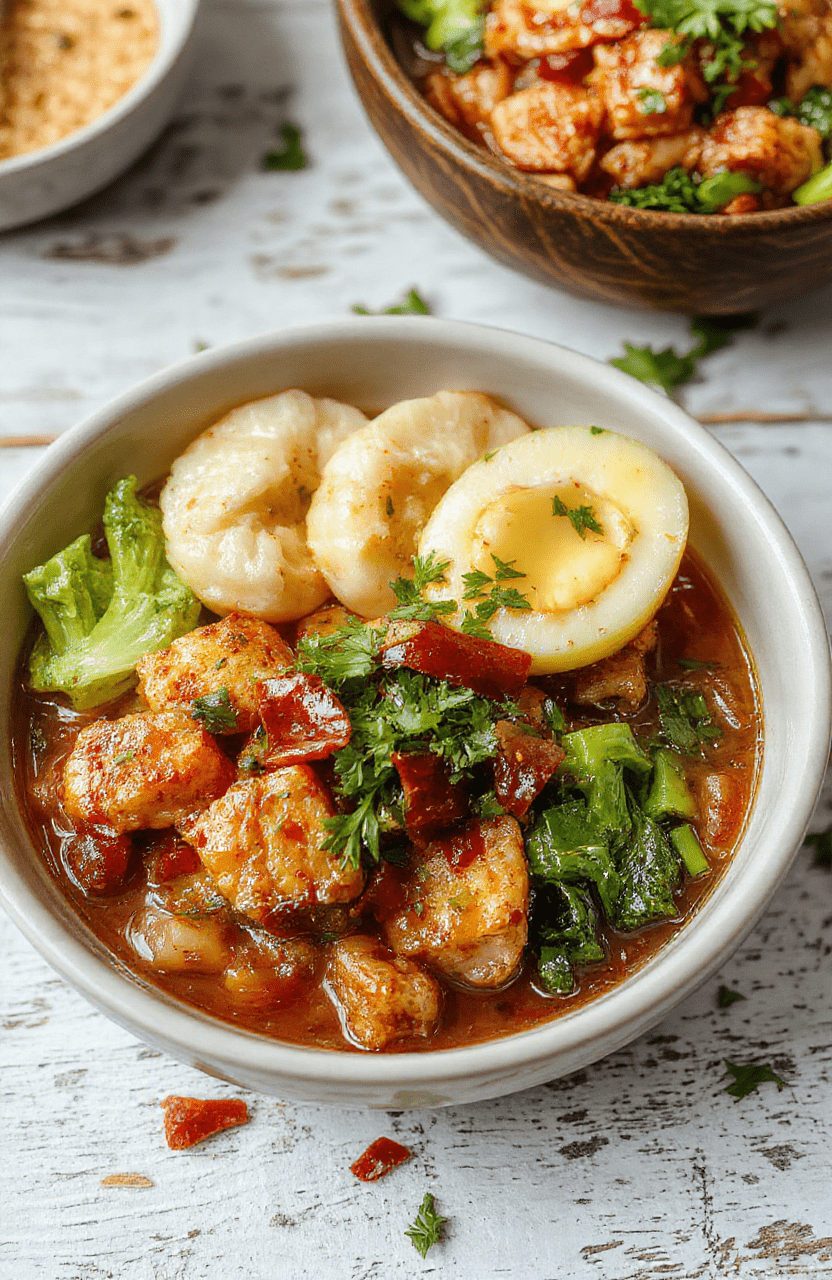 A vibrant bowl filled with steaming potsticker dumplings resting atop a bed of colorful Asian-style fried noodles, garnished with sliced scallions and sesame seeds. The dish features golden-brown crispy edges on the dumplings, with a glossy sauce drizzle highlighting the textures. The bowl sits on a rustic wooden table, styled simply to emphasize the appetizing ingredients and inviting presentation.