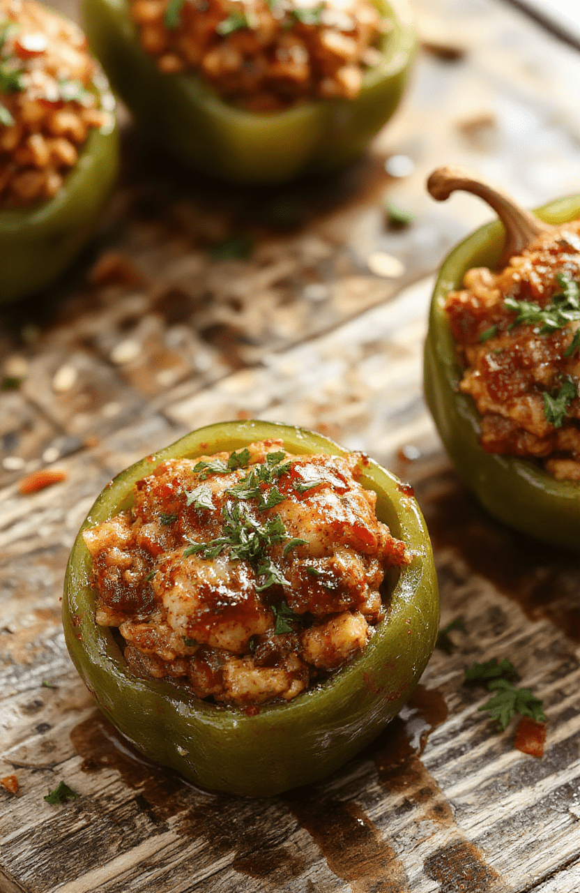 Colorful bell peppers stuffed with seasoned rice, ground meat, and melted cheese, arranged on a rustic wooden platter. The peppers are vibrant red, green, and yellow, with a slightly crispy top. The textures of the stuffing are fluffy and moist, contrasted by the glossy peppers. Garnished with fresh herbs, the presentation is inviting and appetizing, styled simply for a cozy dinner setting.