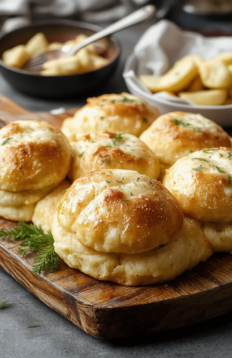 A batch of golden, fluffy garlic rolls arranged on a rustic wooden platter, topped with fresh parsley and glistening with butter, with a soft-focus background showcasing a cozy dining setting.