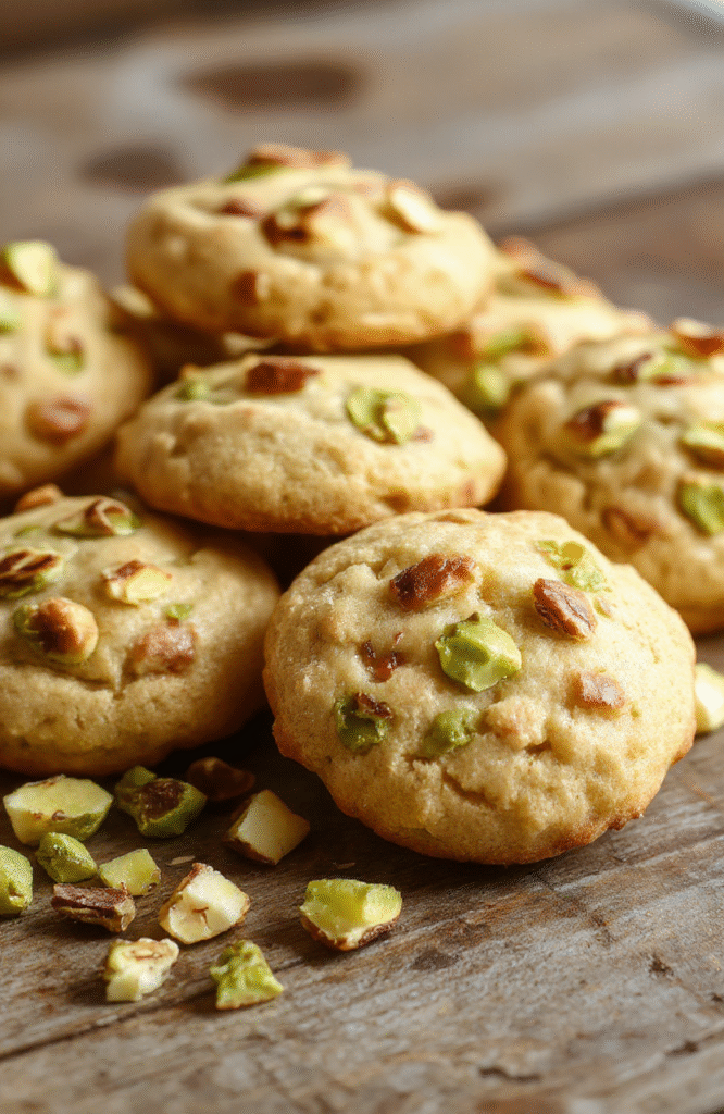 A plate of golden-brown pistachio cookies topped with chopped pistachios, arranged on a rustic wooden surface with soft pastel background, highlighting their fluffy texture and vibrant green pistachio bits, styled with natural light.