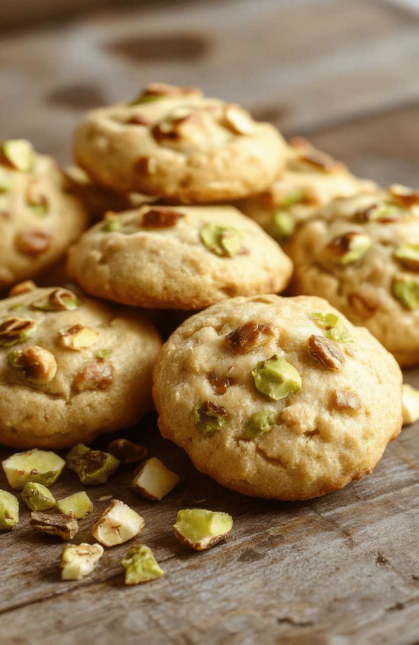 A plate of golden-brown pistachio cookies topped with chopped pistachios, arranged on a rustic wooden surface with soft pastel background, highlighting their fluffy texture and vibrant green pistachio bits, styled with natural light.
