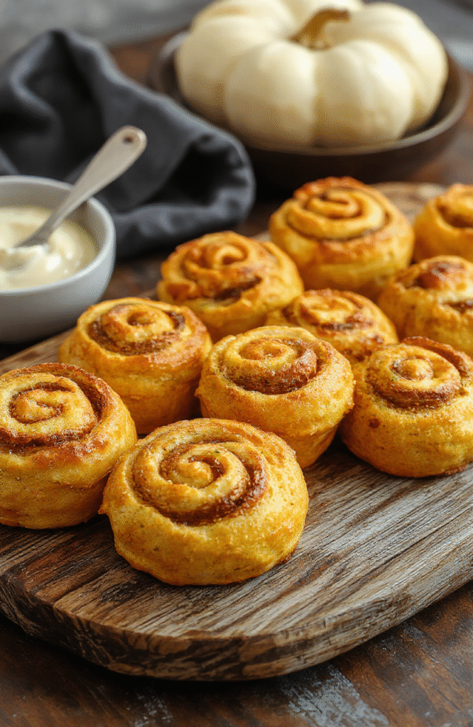 A close-up of fluffy pumpkin rolls arranged on a rustic wooden platter, topped with a drizzle of cream cheese glaze. The warm orange hues of the pumpkin filling contrast with the soft, golden-brown crust, with a few cinnamon swirls visible. The background features fall-themed accents like mini pumpkins and cinnamon sticks, styled with natural light highlighting the textures.