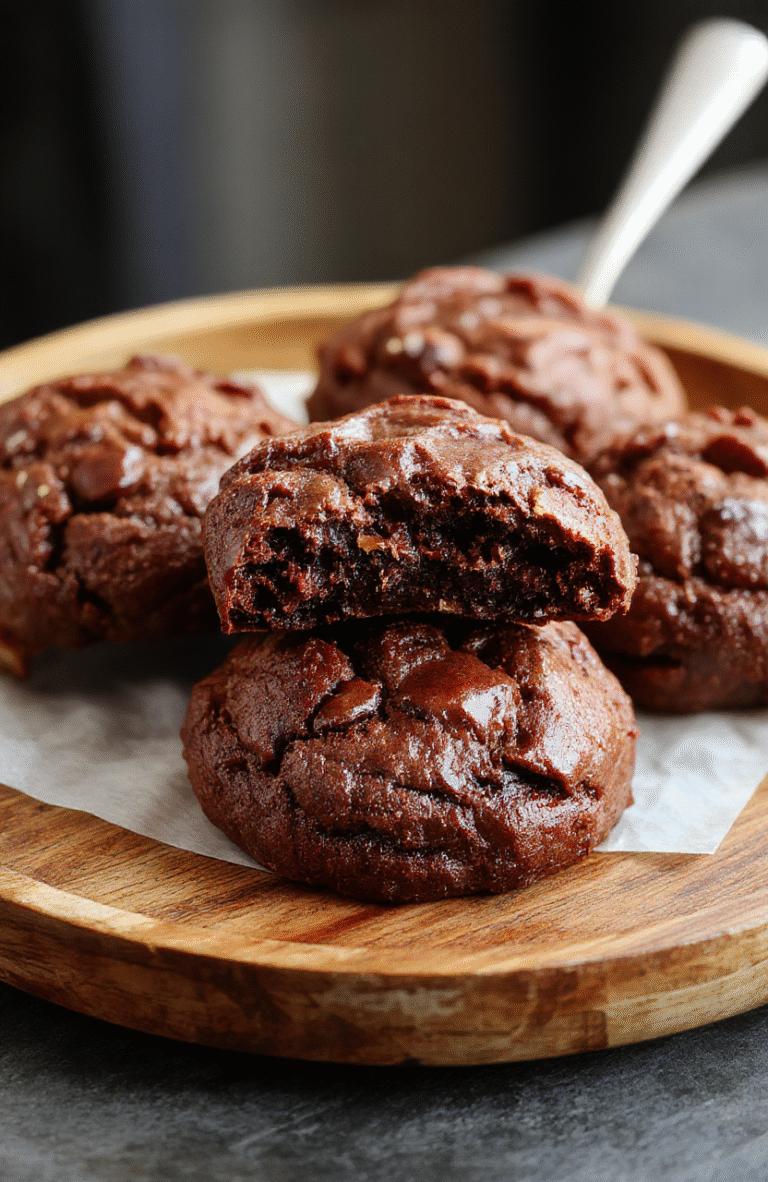 A close-up of fudgy chewy brownie cookies arranged on a rustic wooden plate, showcasing their glossy, crackled top with rich chocolate edges and a dense, fudgy center, with a soft focus background highlighting warm tones and inviting textures.