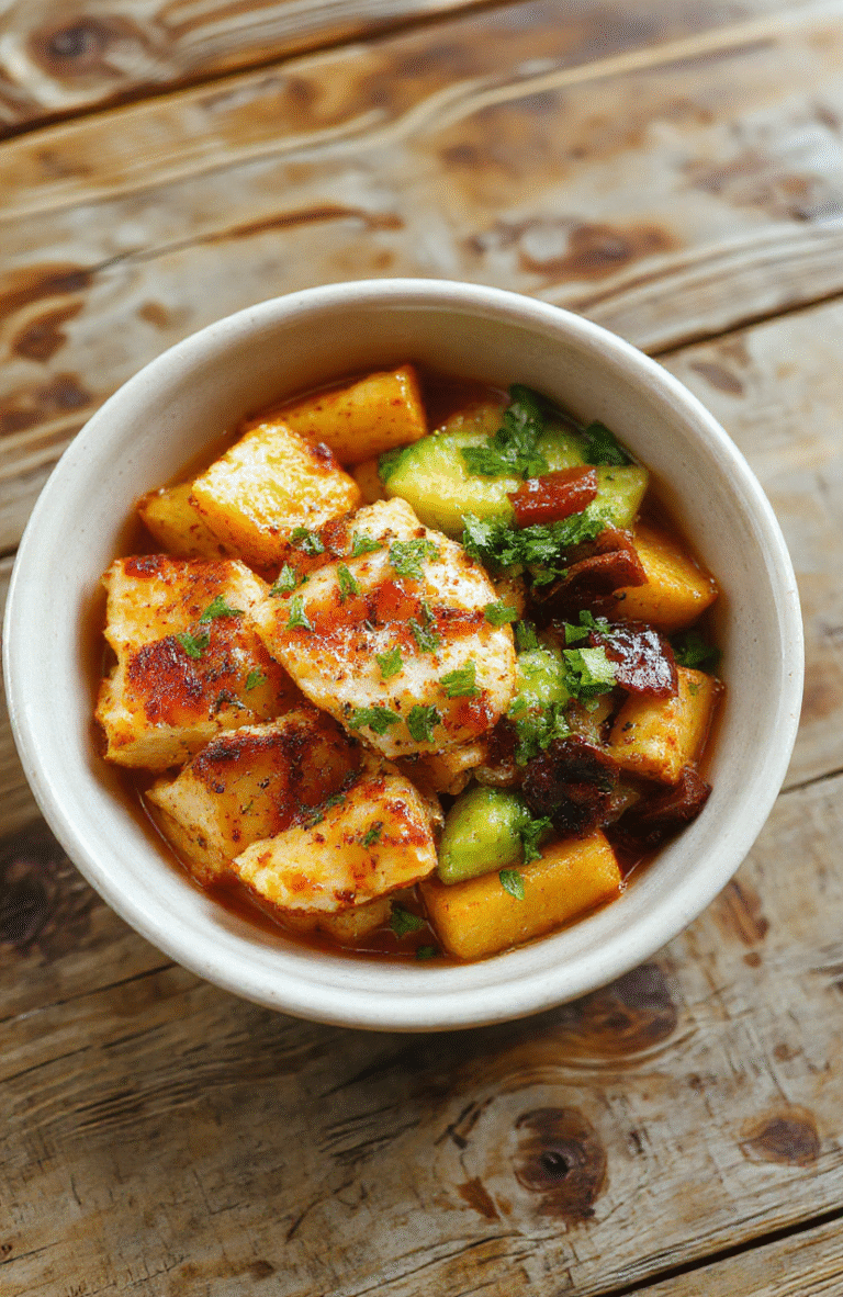 Colorful chicken and sweet potato bowl featuring tender grilled chicken slices, roasted sweet potato chunks, fresh greens, and vibrant vegetables, arranged on a rustic wooden plate. The textures include crispy roasted edges of sweet potatoes, juicy chicken, and crisp greens, styled attractively with sesame seeds and herbs for a fresh look.