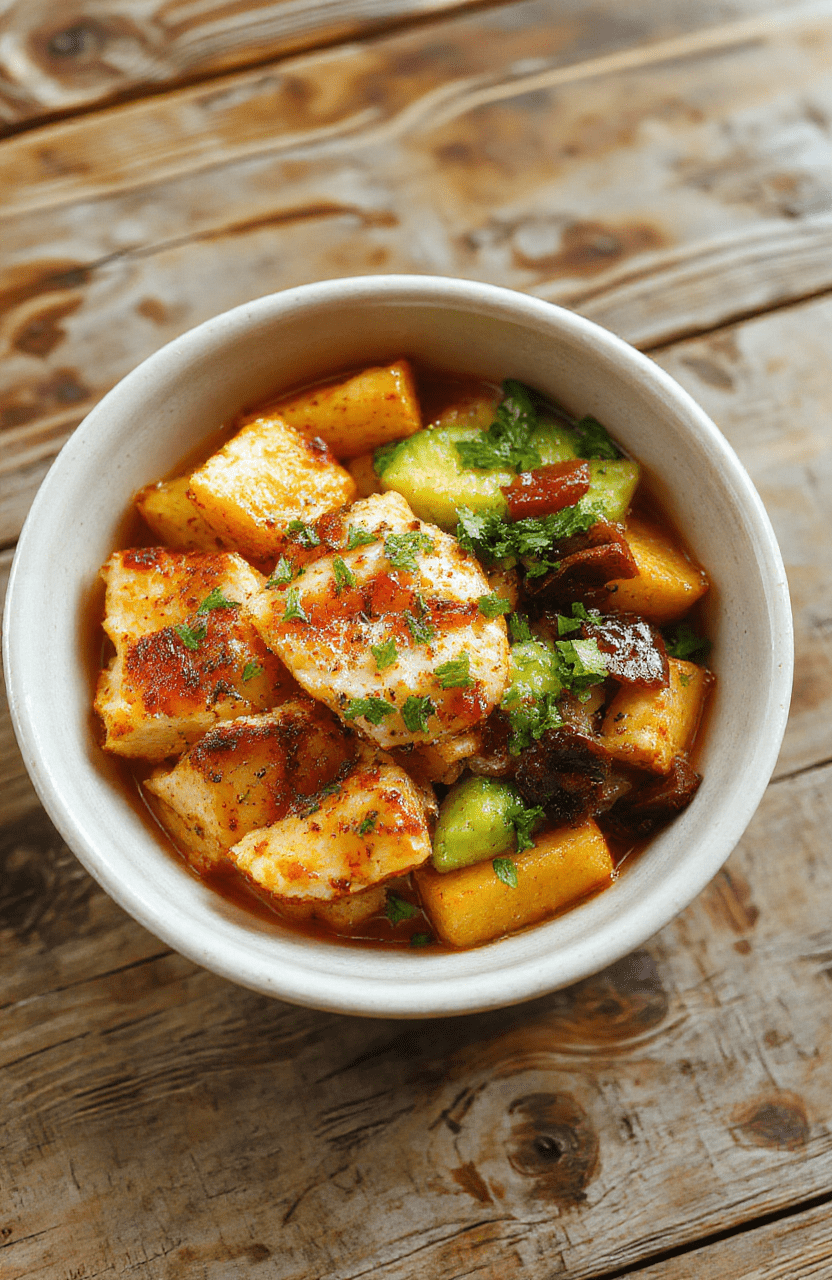 Colorful chicken and sweet potato bowl featuring tender grilled chicken slices, roasted sweet potato chunks, fresh greens, and vibrant vegetables, arranged on a rustic wooden plate. The textures include crispy roasted edges of sweet potatoes, juicy chicken, and crisp greens, styled attractively with sesame seeds and herbs for a fresh look.