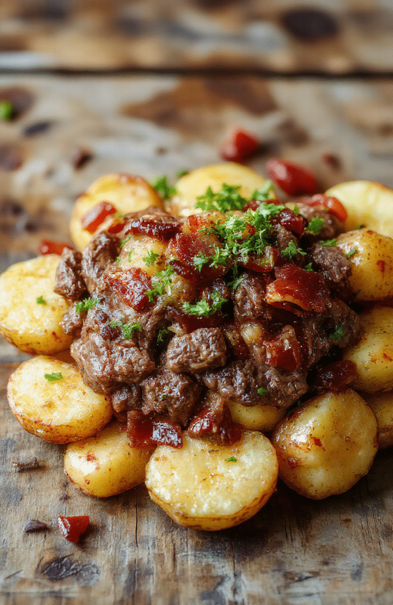 A rustic plate featuring golden roasted potatoes topped with crispy bacon and succulent beef strips, garnished with fresh herbs. The dish is beautifully presented on a dark wooden table, with a crispy exterior and tender interior visible. The bacon adds a crunchy texture, while the beef provides richness, all styled to look warm and inviting for a comforting meal.