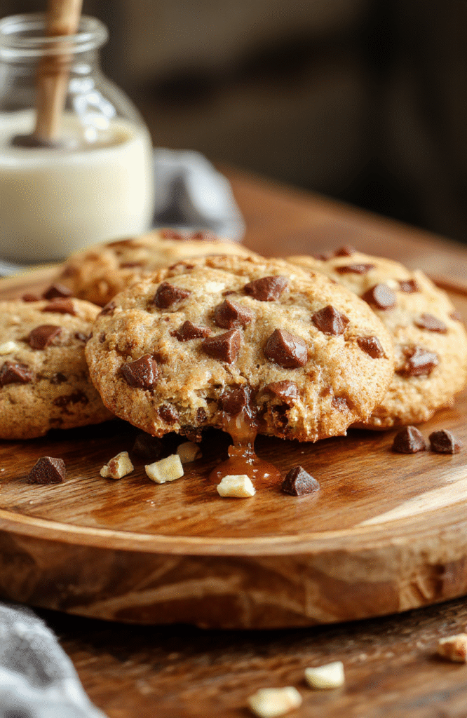 A vibrant close-up of melt-in-your-mouth cowboy cookies stacked on a rustic wooden plate, showcasing their golden-brown edges, rich chocolate chips, and nutty chunks, surrounded by scattered ingredients like oats, chocolate morsels, and chopped nuts, styled casually with a warm, inviting backdrop.