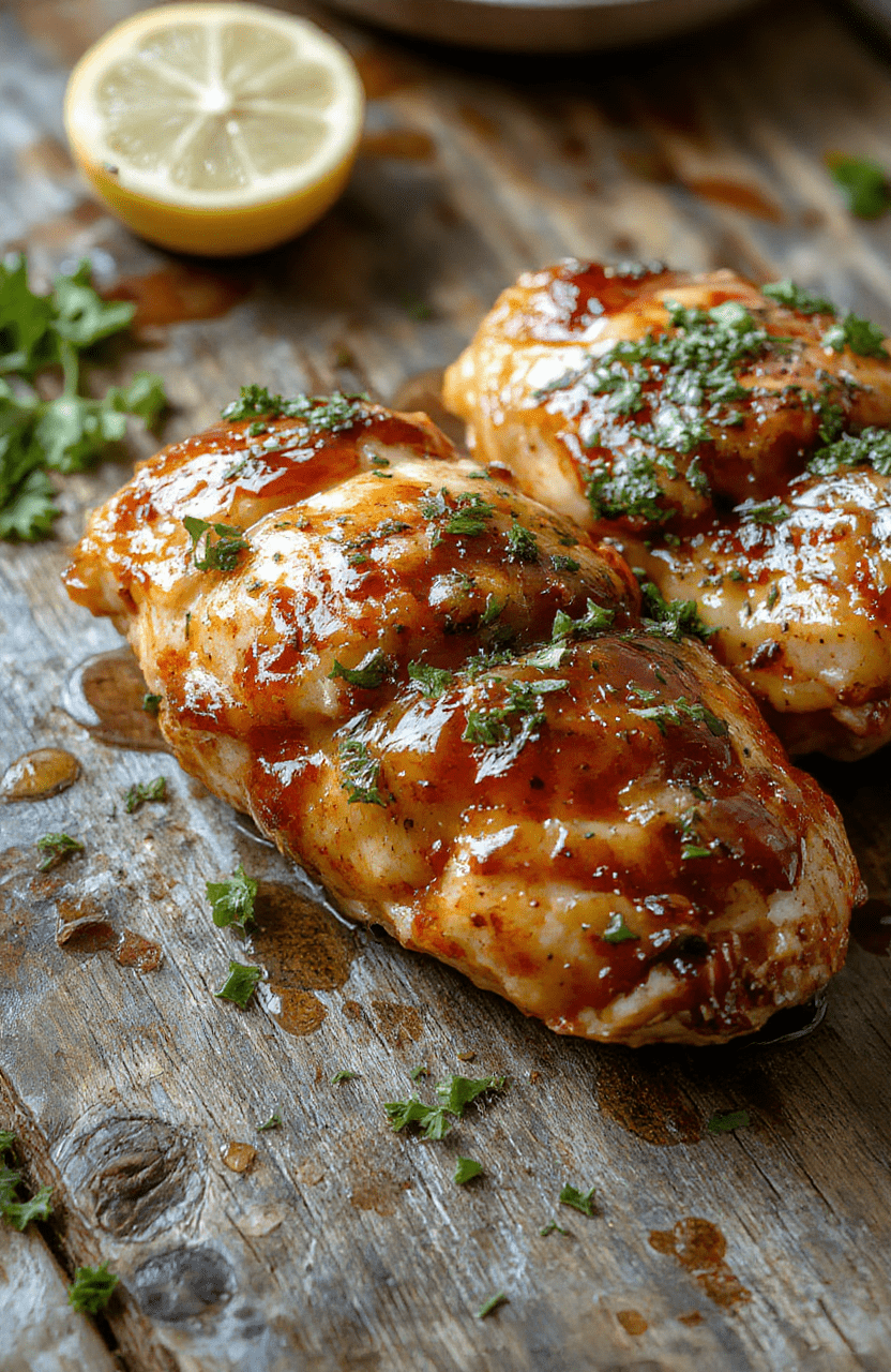 A vibrant plate of lemon honey glazed chicken featuring golden-brown chicken breasts drizzled with a glossy lemon and honey sauce. Garnished with lemon slices and fresh herbs, placed on a rustic wooden board with a bright, clean background. The textures of the tender chicken contrasted with the shiny glaze create an appetizing and colorful presentation.