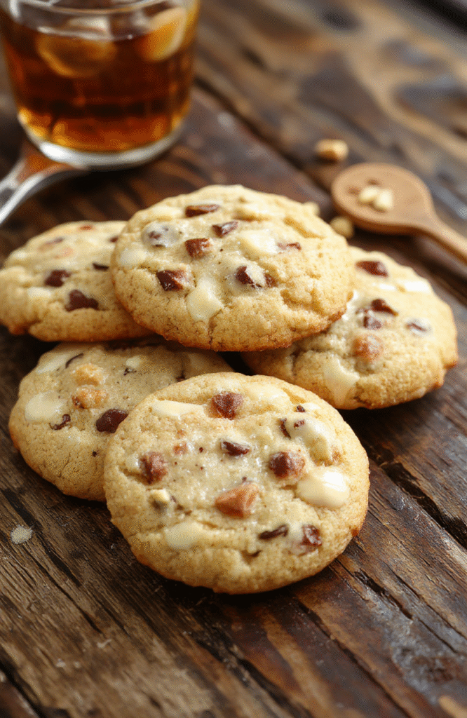 A vibrant plate of no-bake butterbeer cookies with golden-brown edges, topped with whipped cream and a drizzle of caramel, styled on a rustic wooden table with fall-themed decorations, highlighting textures of creamy topping and crunchy cookie bases, styled with warm lighting for a cozy holiday feel.