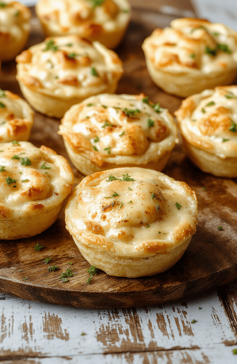 A close-up of small, golden-brown chicken pot pies in individual ramekins, topped with flaky pastry crusts, garnished with sprigs of thyme. The pies reveal a bubbling filling of chicken, vegetables, and creamy gravy inside. The background features a rustic wooden table with a cozy, inviting atmosphere, highlighting the flaky crust and savory filling textures.