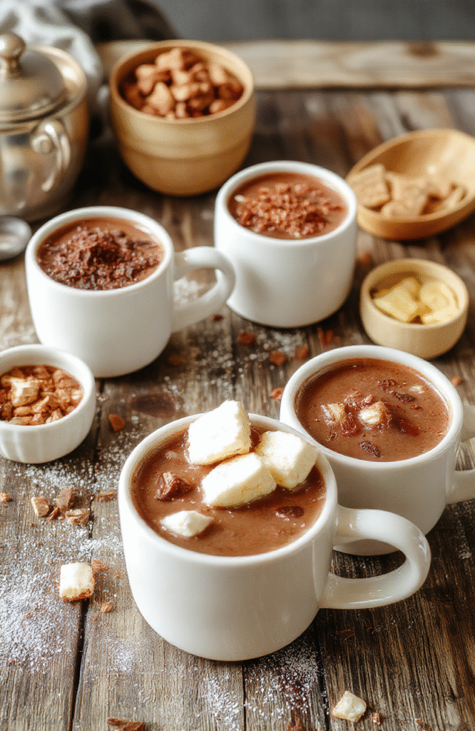 A vibrant hot chocolate bar setup with an inviting assortment of toppings, including whipped cream, chocolate shavings, marshmallows, and peppermint sticks. The table features a variety of colorful mugs, pots of rich melted chocolate, and themed decorations in warm tones, creating a cozy winter party atmosphere. The presentation is festive, with a wooden backdrop and soft lighting highlighting the indulgent treats and toppings.