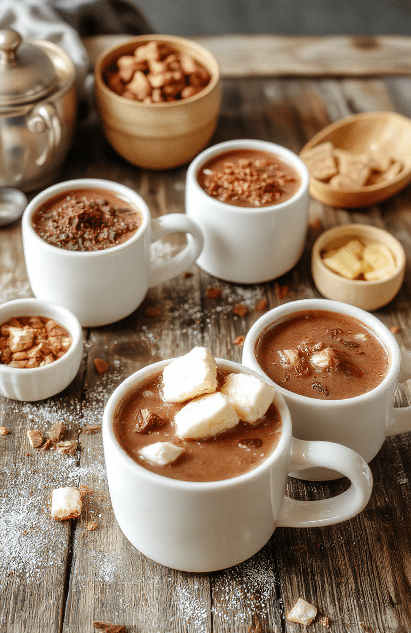 A vibrant hot chocolate bar setup with an inviting assortment of toppings, including whipped cream, chocolate shavings, marshmallows, and peppermint sticks. The table features a variety of colorful mugs, pots of rich melted chocolate, and themed decorations in warm tones, creating a cozy winter party atmosphere. The presentation is festive, with a wooden backdrop and soft lighting highlighting the indulgent treats and toppings.